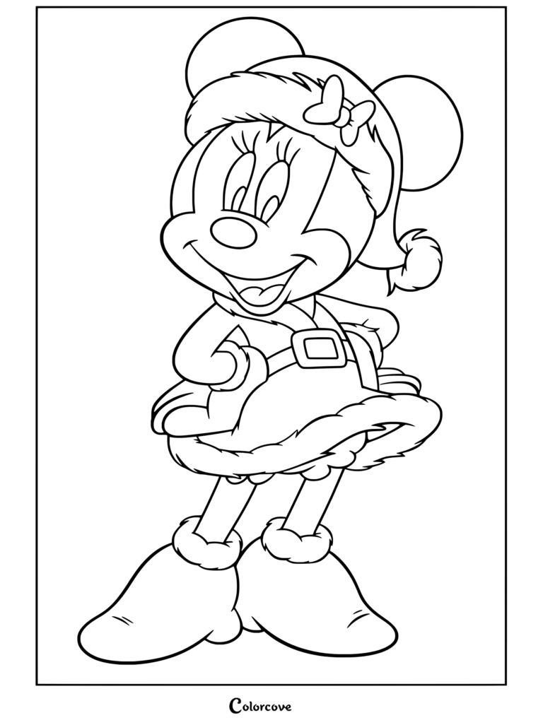 Minnie Mouse portant une robe de Père Noël et un bonnet de Noël avec des chaussures jaunes, debout et souriante, à retrouver dans un coloriage de Mickey et ses Amis.
