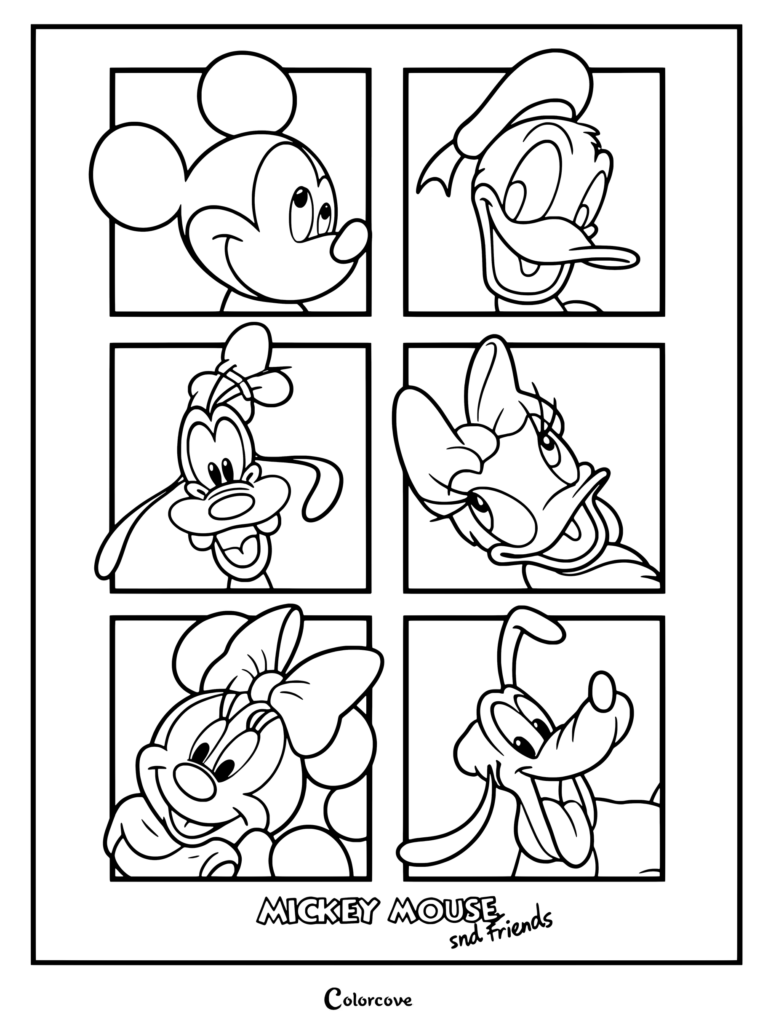 Coloriage à imprimer présentant des portraits en gros plan de Mickey, Donald, Dingo, Daisy, Minnie et Pluto de Mickey et ses Amis dans six panneaux individuels.