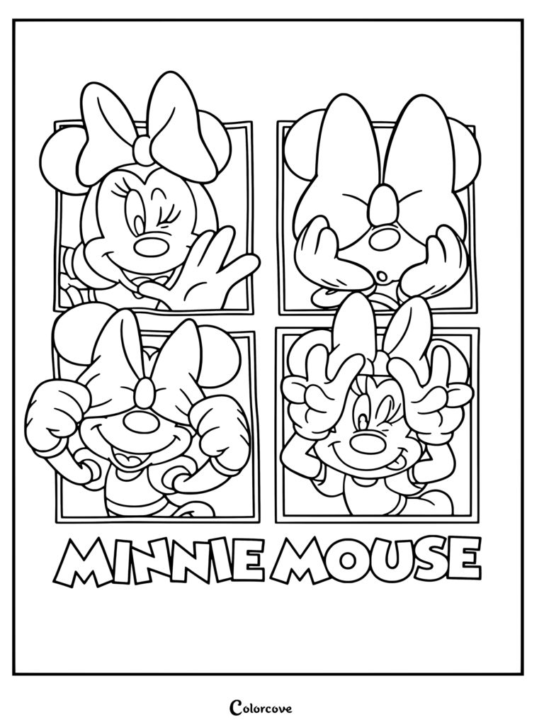 Coloriage à quatre panneaux de Minnie Mouse mettant en scène Mickey et ses Amis dans différentes poses ludiques.