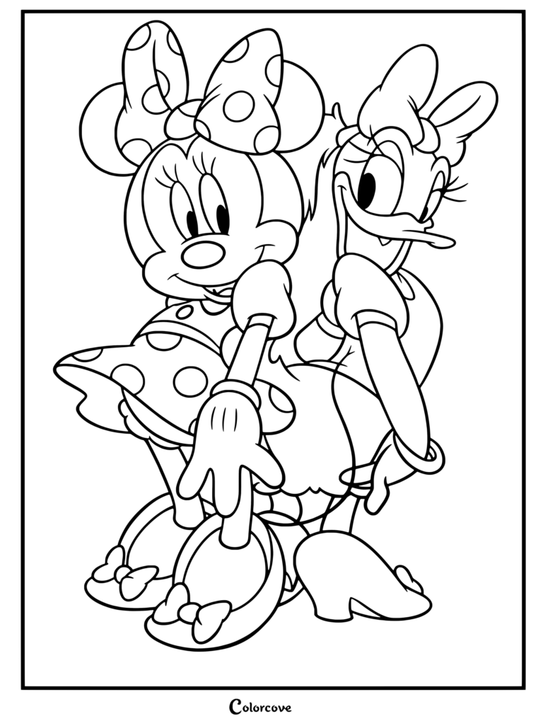 Coloriage de Minnie Mouse et Daisy Duck mettant en scène Mickey et ses Amis.