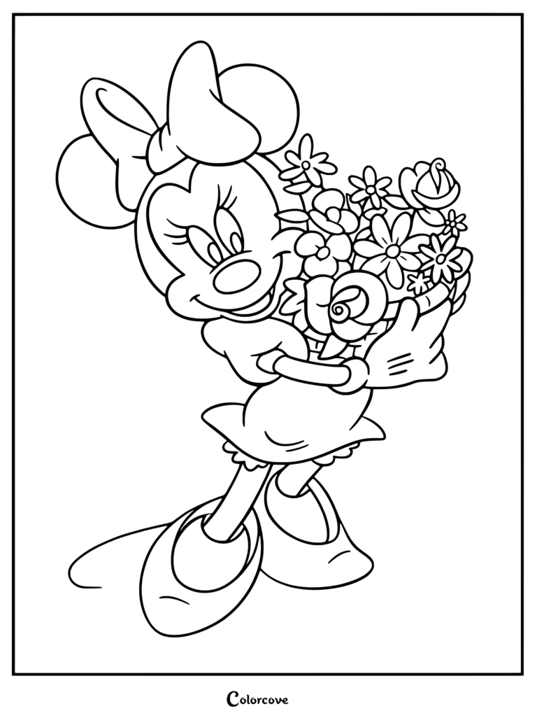 Minnie Mouse tenant un grand bouquet de fleurs dans un coloriage de Mickey et ses Amis