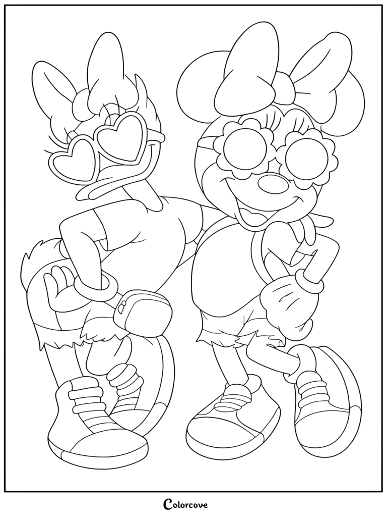 Coloriage gratuit de Mickey et ses Amis présentant Daisy Duck et Minnie Mouse portant des tenues tie-dye pastel et des lunettes de soleil élégantes.