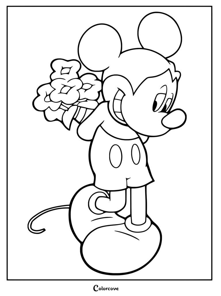 Coloriage de Mickey Mouse cachant des fleurs derrière son dos, issu de Mickey et ses Amis