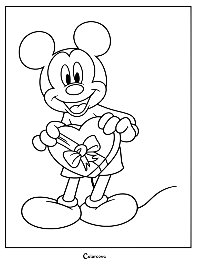 Coloriage à imprimer de Mickey Mouse issu de Mickey et ses Amis tenant une boîte cadeau en forme de cœur avec un nœud.