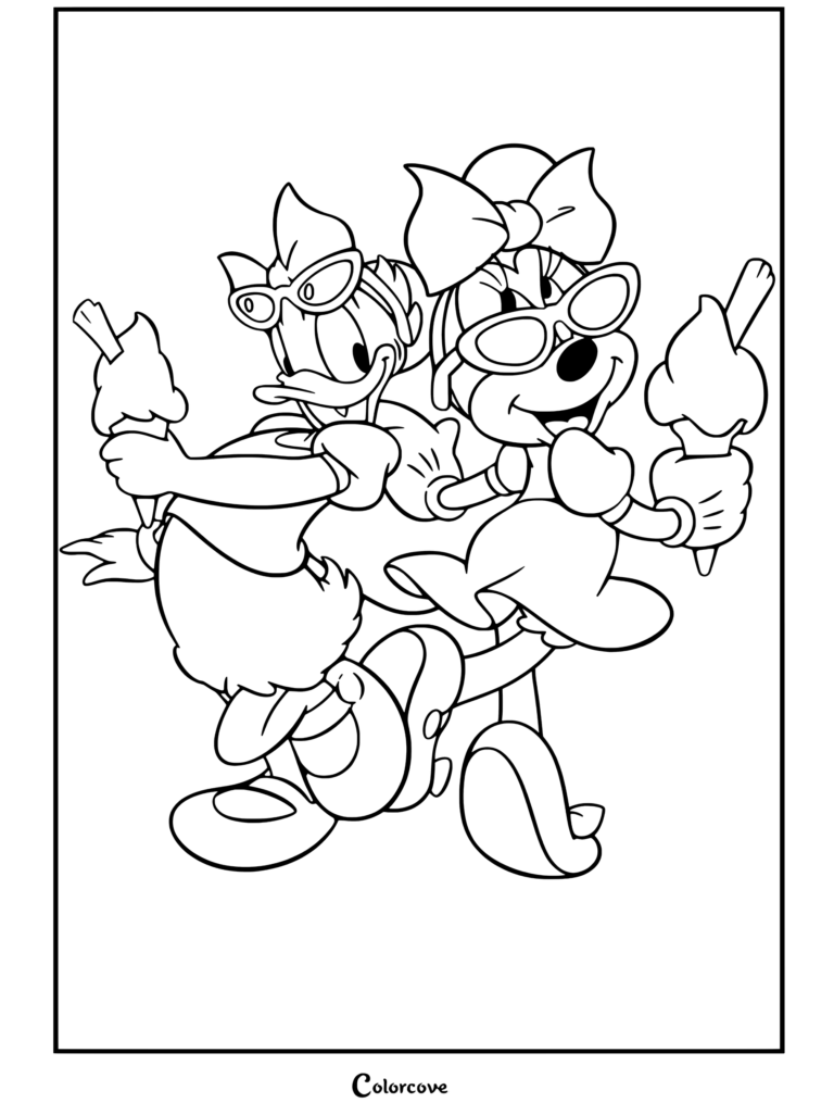 Coloriage de Mickey et ses Amis présentant Daisy Duck et Minnie Mouse portant des lunettes de soleil et des nœuds, tenant des cornets de glace
