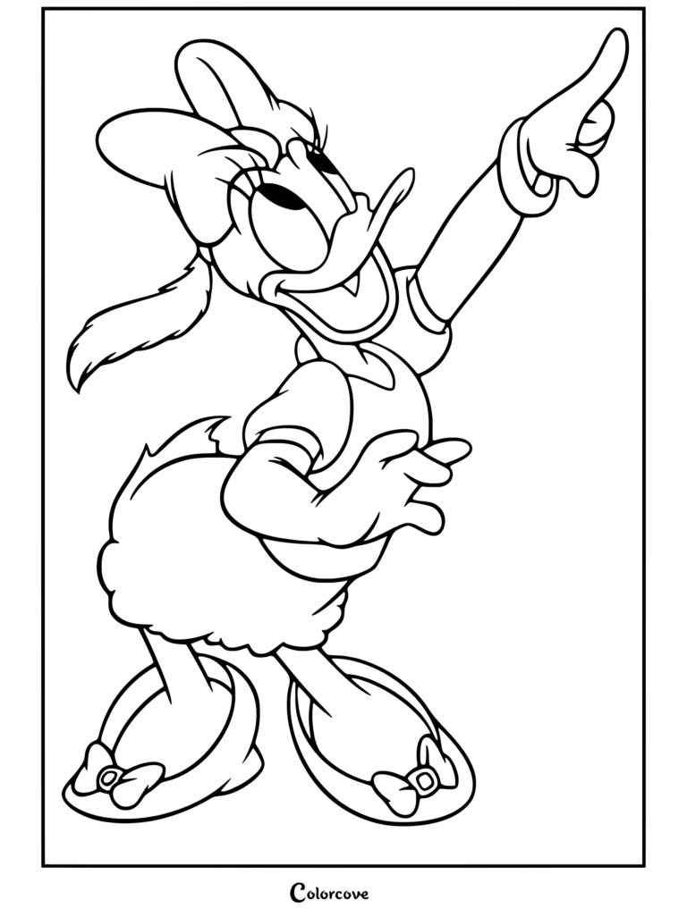 Daisy Duck pointant vers le haut avec une expression heureuse portant un chemisier et des chaussures violettes, page de coloriage Mickey et ses Amis terminée