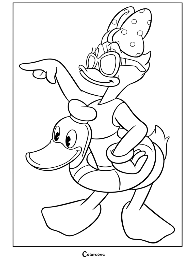 Page de coloriage Mickey et ses Amis représentant Daisy Duck portant des lunettes de soleil et un nœud à pois roses sur le dos de Donald Duck avec une bouée gonflable bleue pointant vers l'avant.