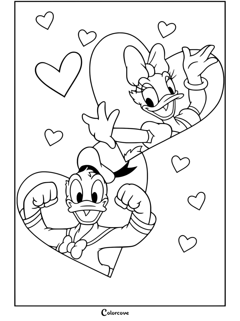 Page de coloriage imprimable Mickey et ses Amis représentant Donald Duck et Daisy Duck posant à l'intérieur de cœurs avec des cœurs flottants.