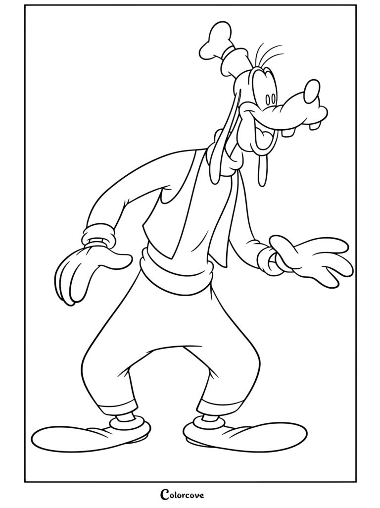 Page de coloriage Mickey et ses Amis représentant Dingo souriant joyeusement dans une pose classique avec un pull orange et un pantalon bleu terminée