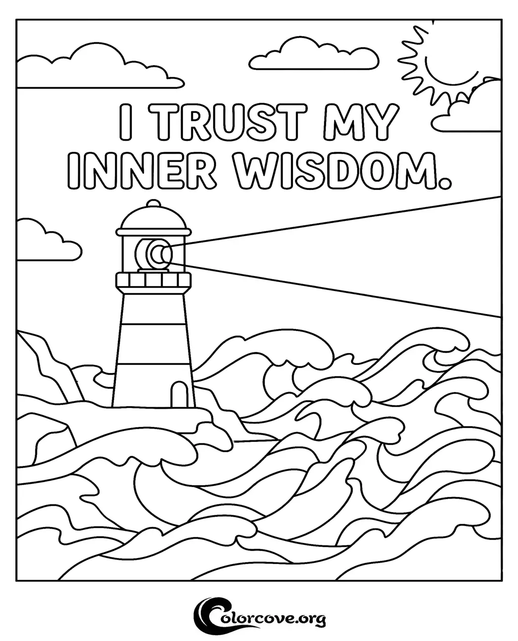 Relax and practice mindfulness with this inspiring lighthouse coloring page featuring the mantra 'I Trust My Inner Wisdom.' Download and print this calming art activity for free in seconds.