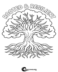 An inspirational Rooted and Resilient tree coloring page featuring detailed roots and branches for mindful coloring.