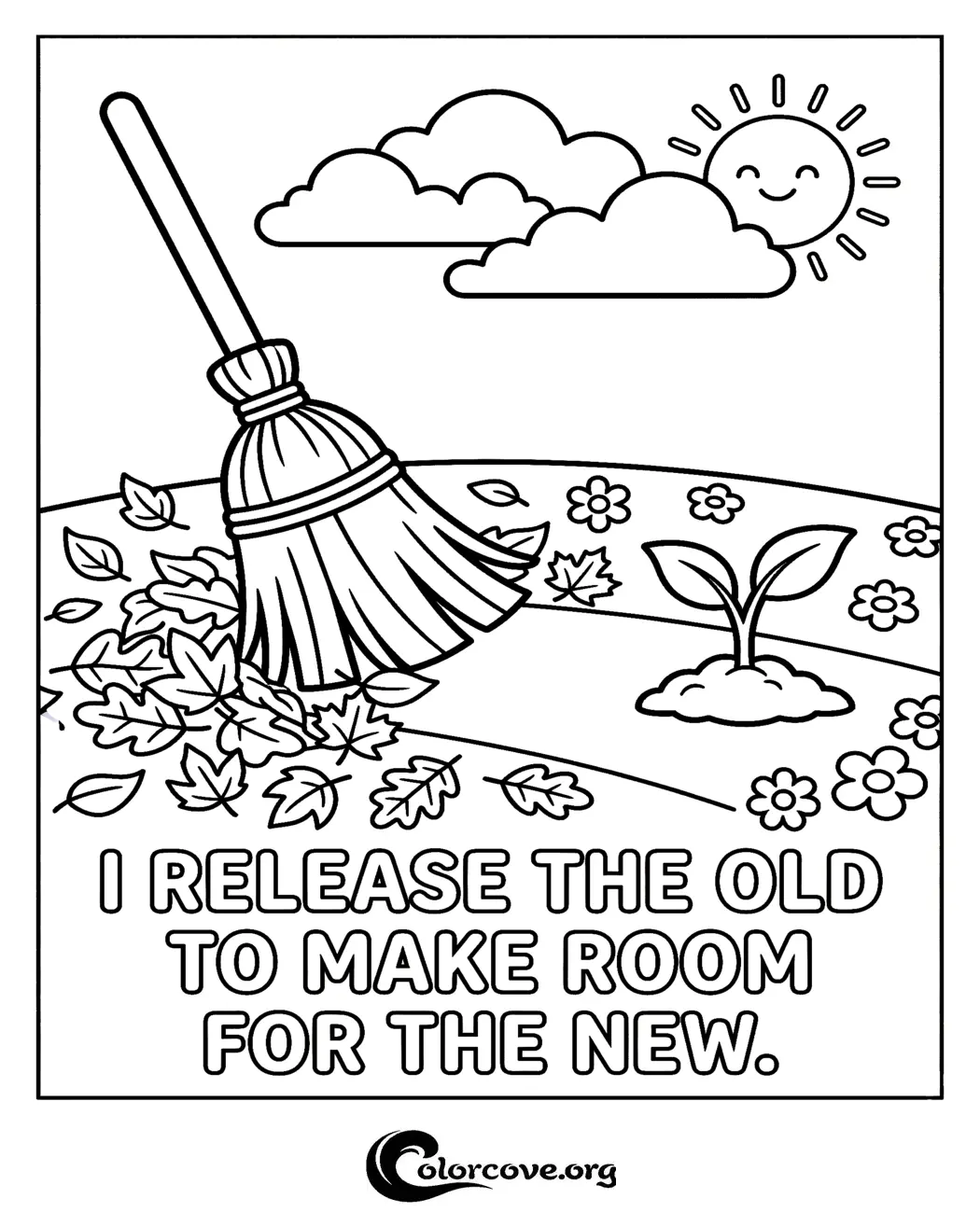 Celebrate new beginnings with this uplifting coloring page featuring a broom raking leaves and a fresh seedling. Perfect for mindfulness and creative relaxation, you can print this meaningful illustration for free in seconds.