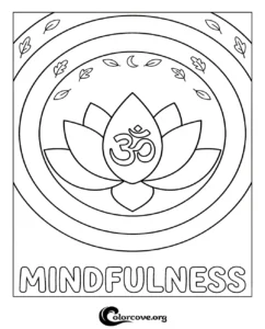 A relaxing mindfulness mandala coloring page featuring a lotus flower with an Om symbol and decorative leaves, perfect for stress relief.