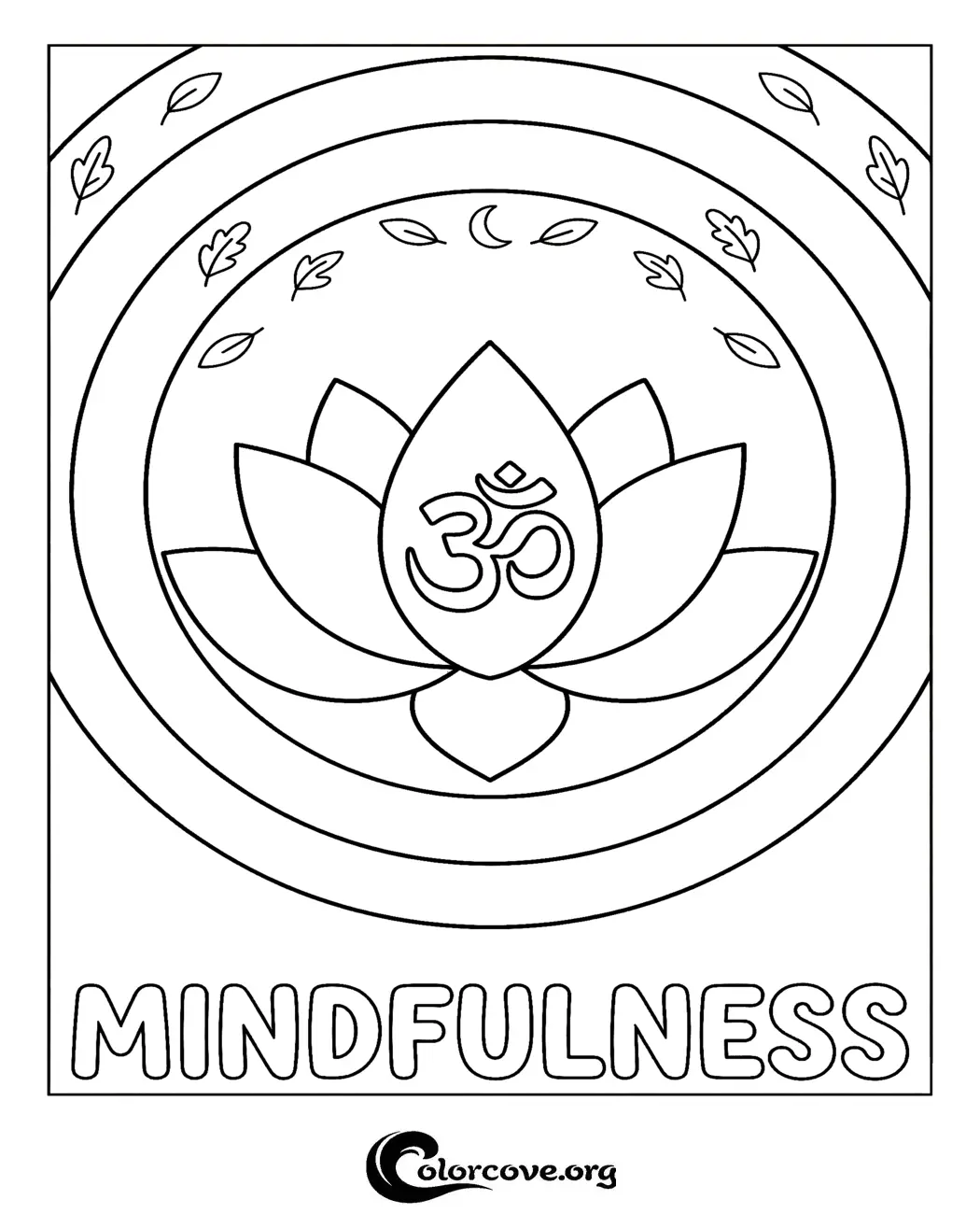 Find your inner peace with this beautiful mindfulness coloring page featuring an Om symbol inside a lotus flower. Download and print this relaxing design instantly for a mindful coloring session.