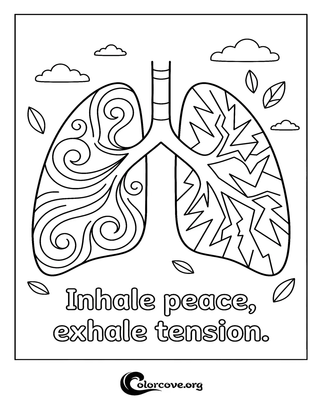 Promote relaxation and mindfulness with this beautiful lungs-themed coloring page featuring an encouraging quote. Download and print this calming mental health activity for free in seconds.