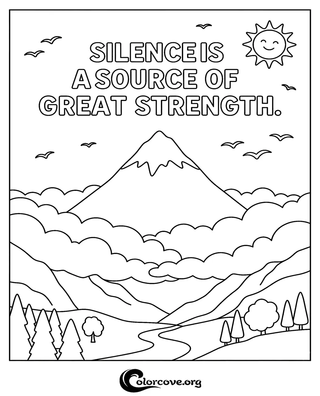 Find peace and mindfulness with this beautiful mountain-themed inspirational coloring page. Download and print this uplifting quote design for free in seconds.