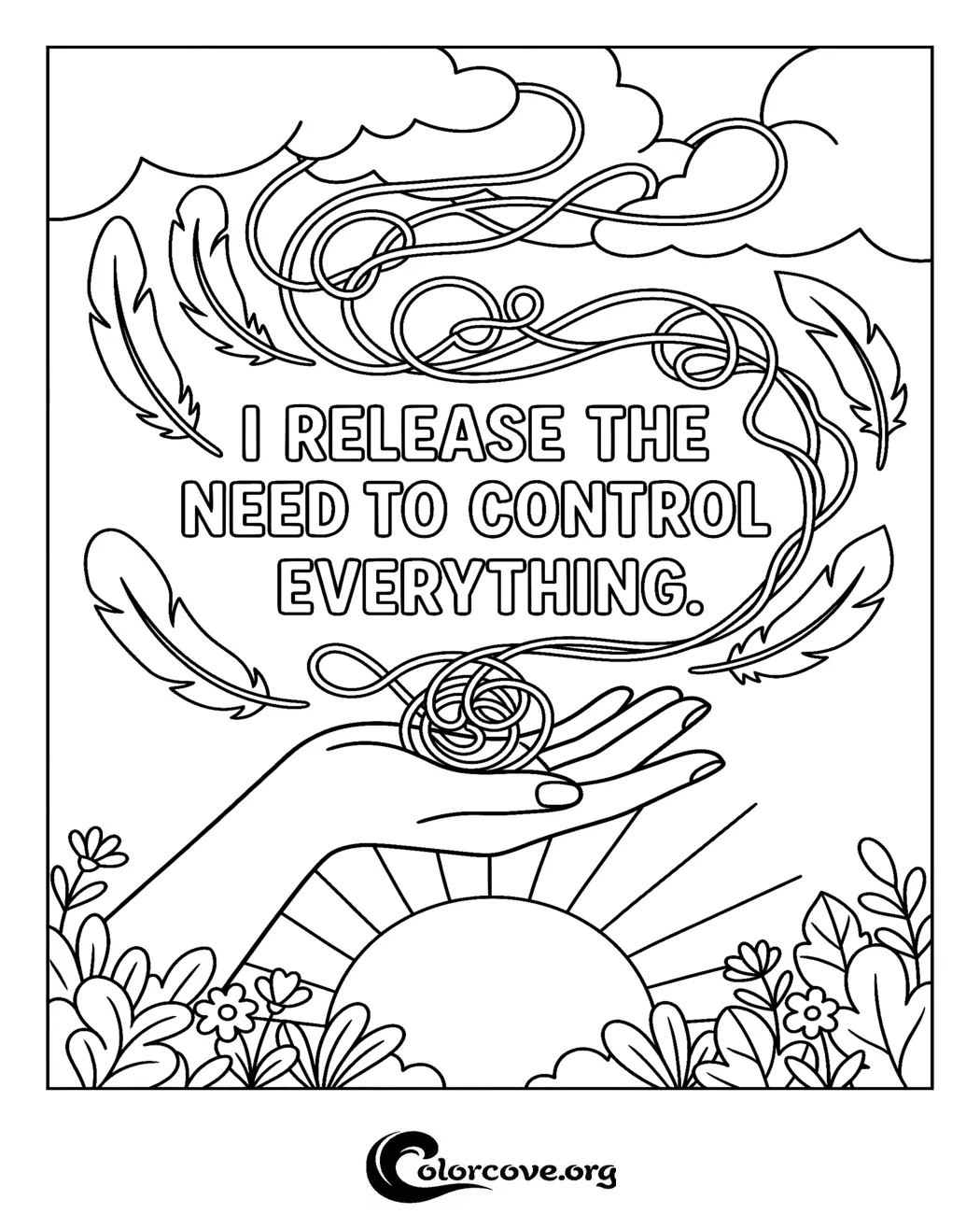 Find peace and reduce stress with this mindfulness-themed adult coloring page. Print this encouraging quote at home and enjoy a relaxing creative activity today.