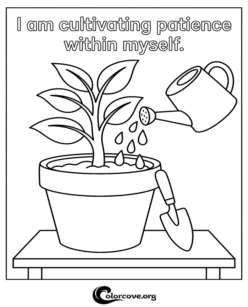 Practice mindfulness and relaxation with this beautiful gardening-themed coloring page. Featuring an encouraging affirmation, it's a perfect printable activity for both kids and adults to enjoy.
