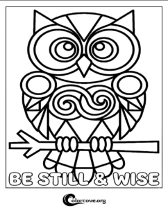An artistic owl coloring page featuring geometric patterns and the inspirational quote Be Still and Wise for kids and adults.