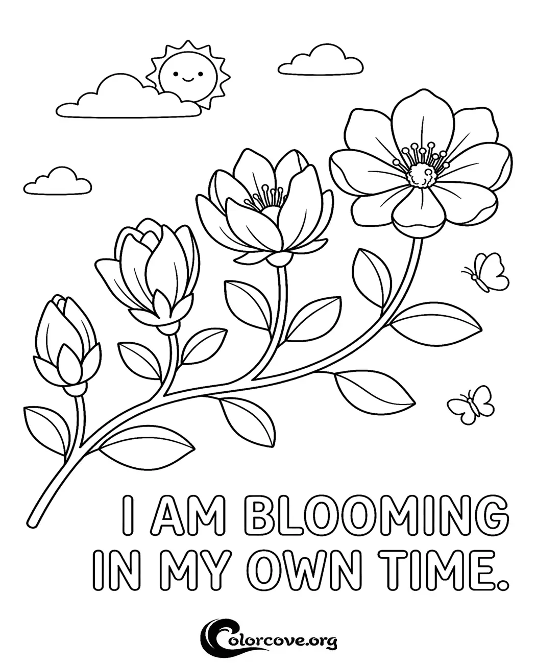 Celebrate personal growth with this lovely blooming flowers coloring page. Download and print this uplifting spring-themed activity for free in seconds.