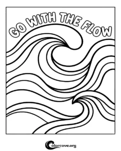 An inspirational ocean wave coloring page featuring the text Go With The Flow for adults and kids.