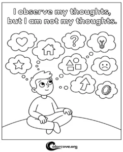 A mindful boy sitting in meditation with thought bubbles containing various shapes and symbols, featuring the text I observe my thoughts, but I am not my thoughts.