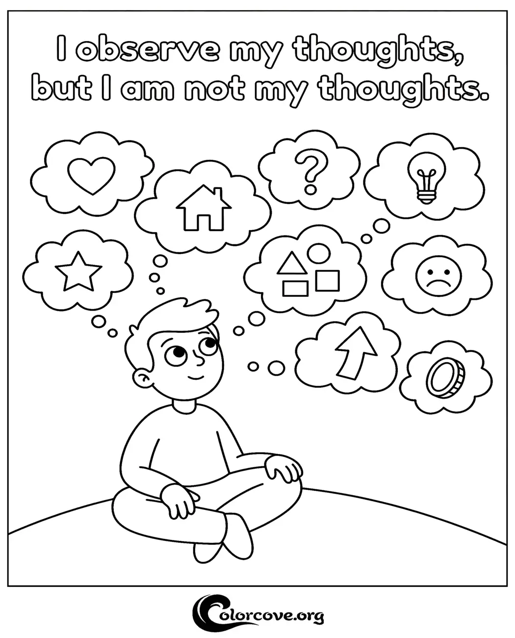 Help children practice mindfulness and self-awareness with this calming meditation coloring page. Download and print this educational activity sheet to teach kids about observing thoughts in a fun, creative way.