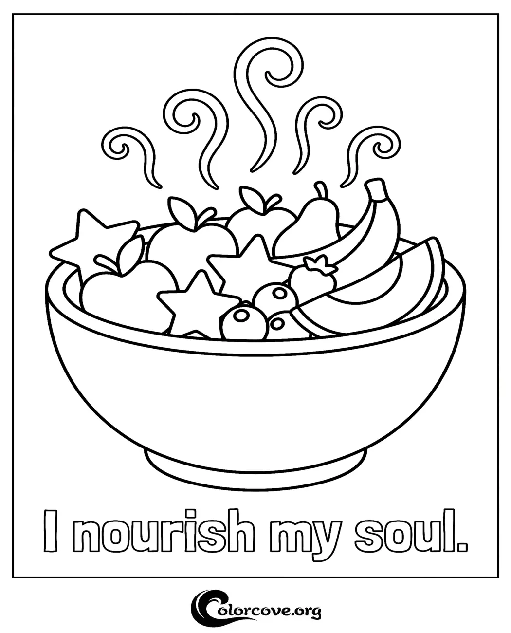 Practice mindfulness with this relaxing fruit bowl coloring page featuring the encouraging phrase I nourish my soul. Download and print this healthy food coloring sheet for free in seconds.