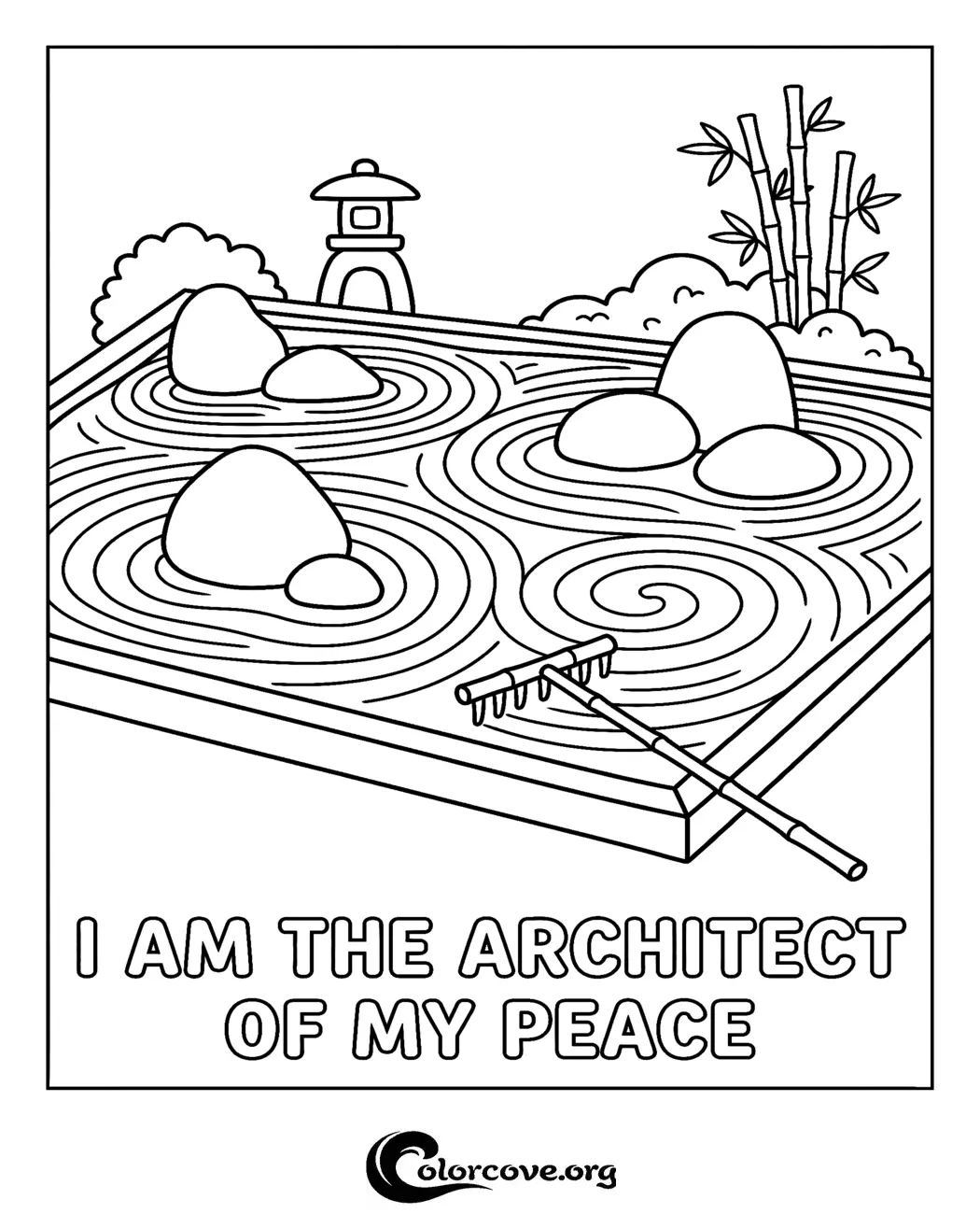 Find your inner calm with this printable Zen garden mindfulness coloring page. Featuring soothing patterns and an empowering affirmation, it is perfect for stress relief and creative relaxation.