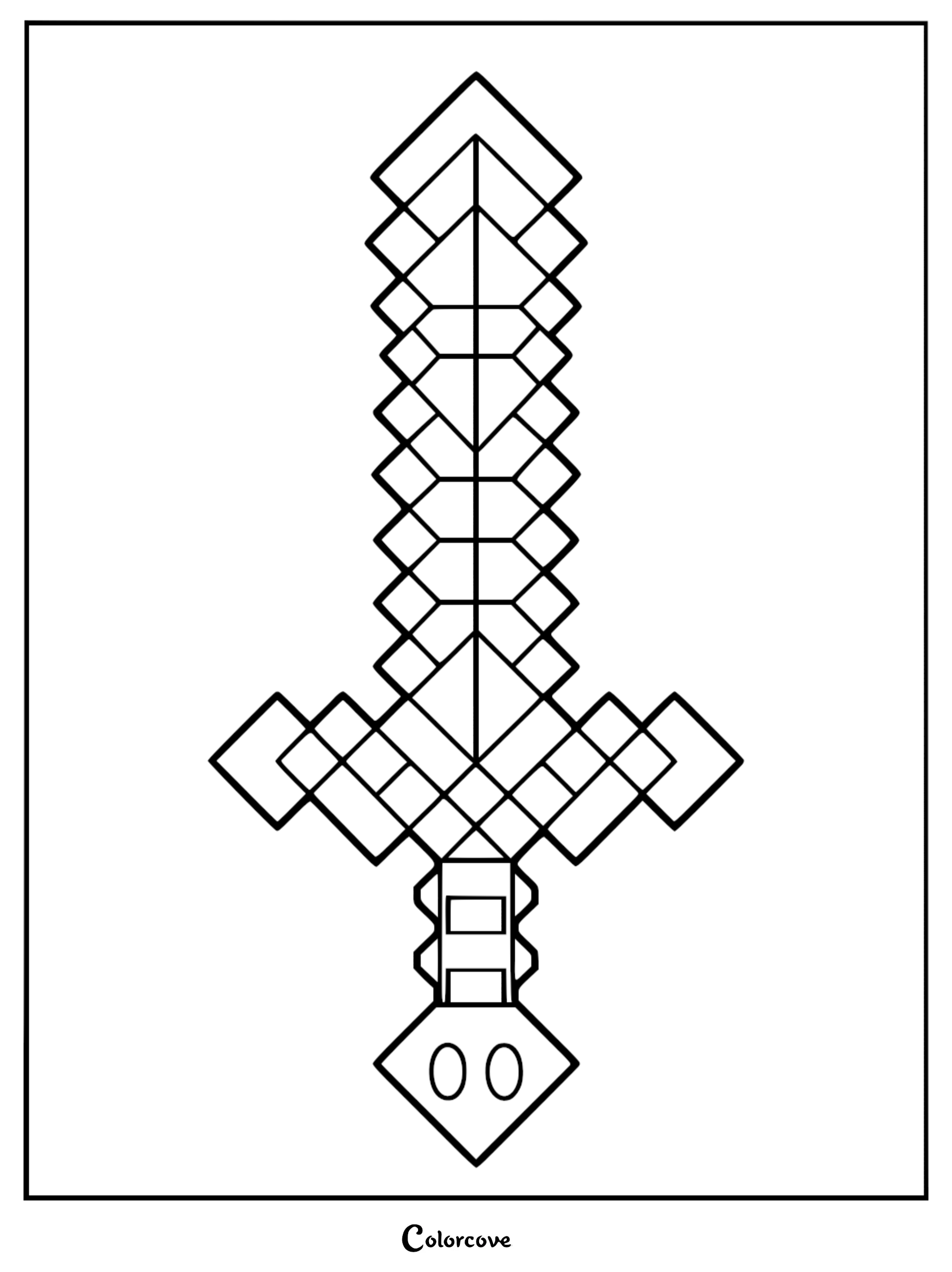 A printable Minecraft diamond sword coloring page featuring bold black outlines of the iconic pixelated weapon design.