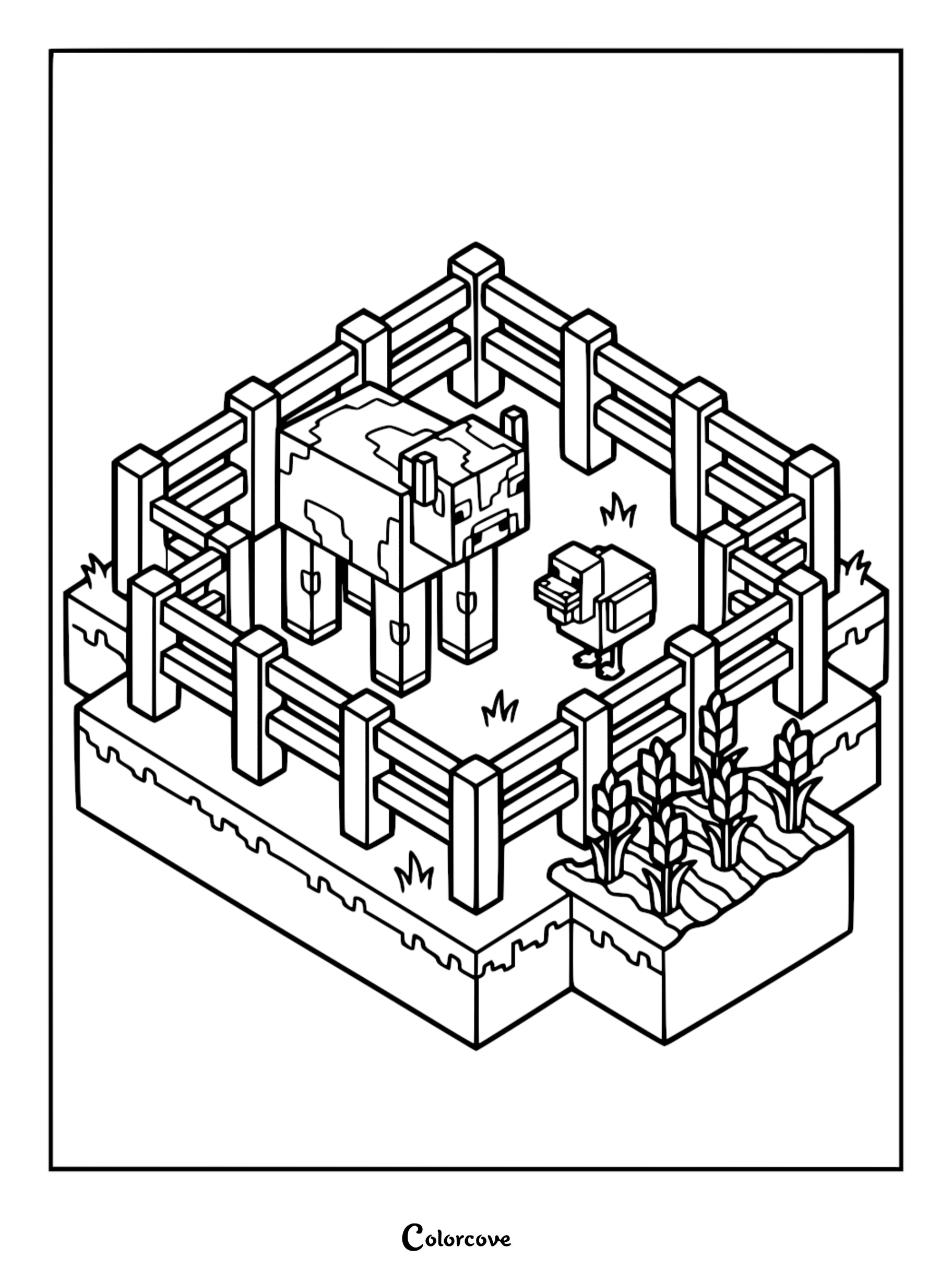 Minecraft coloring page featuring a blocky cow and chicken inside a wooden fence with a small wheat patch.