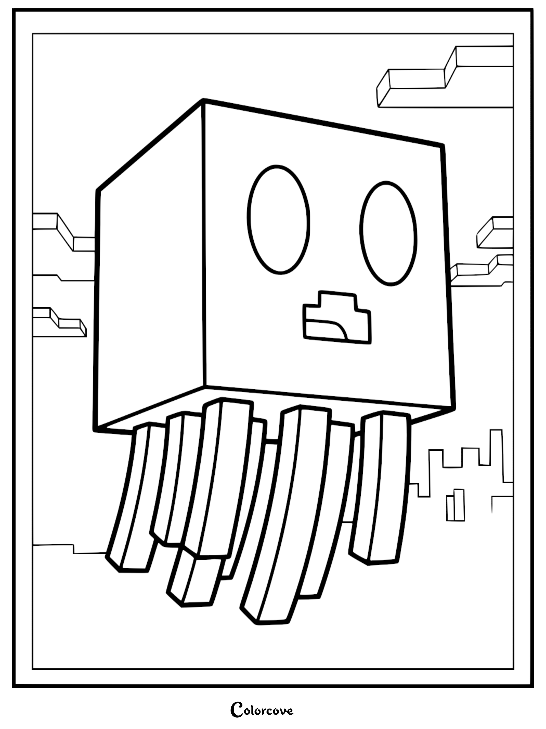 A Minecraft Ghast floating in the Nether with blocky clouds, presented as a printable coloring page.