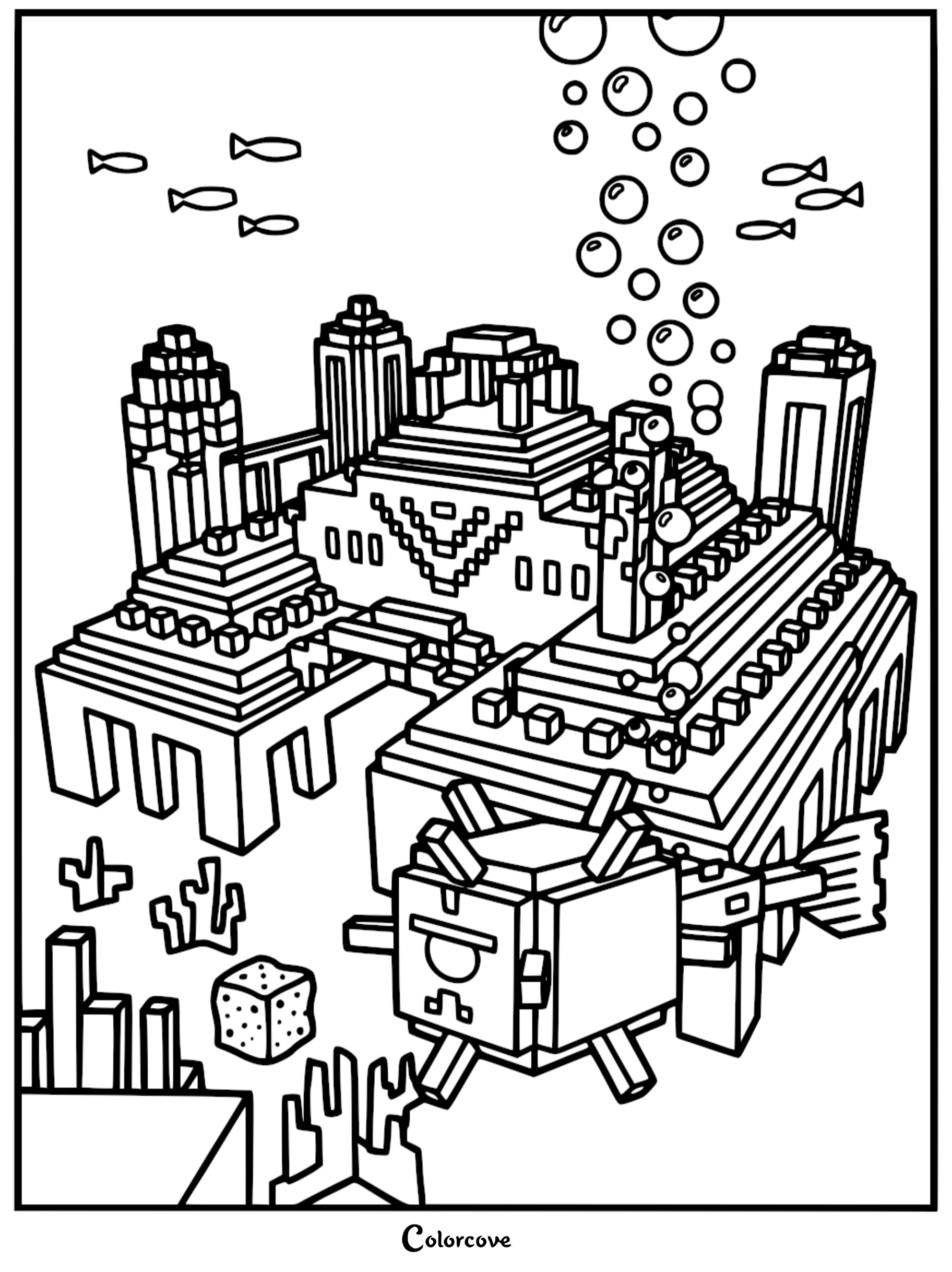 Minecraft Ocean Monument coloring page featuring an Elder Guardian swimming near the underwater temple with bubbles and fish.
