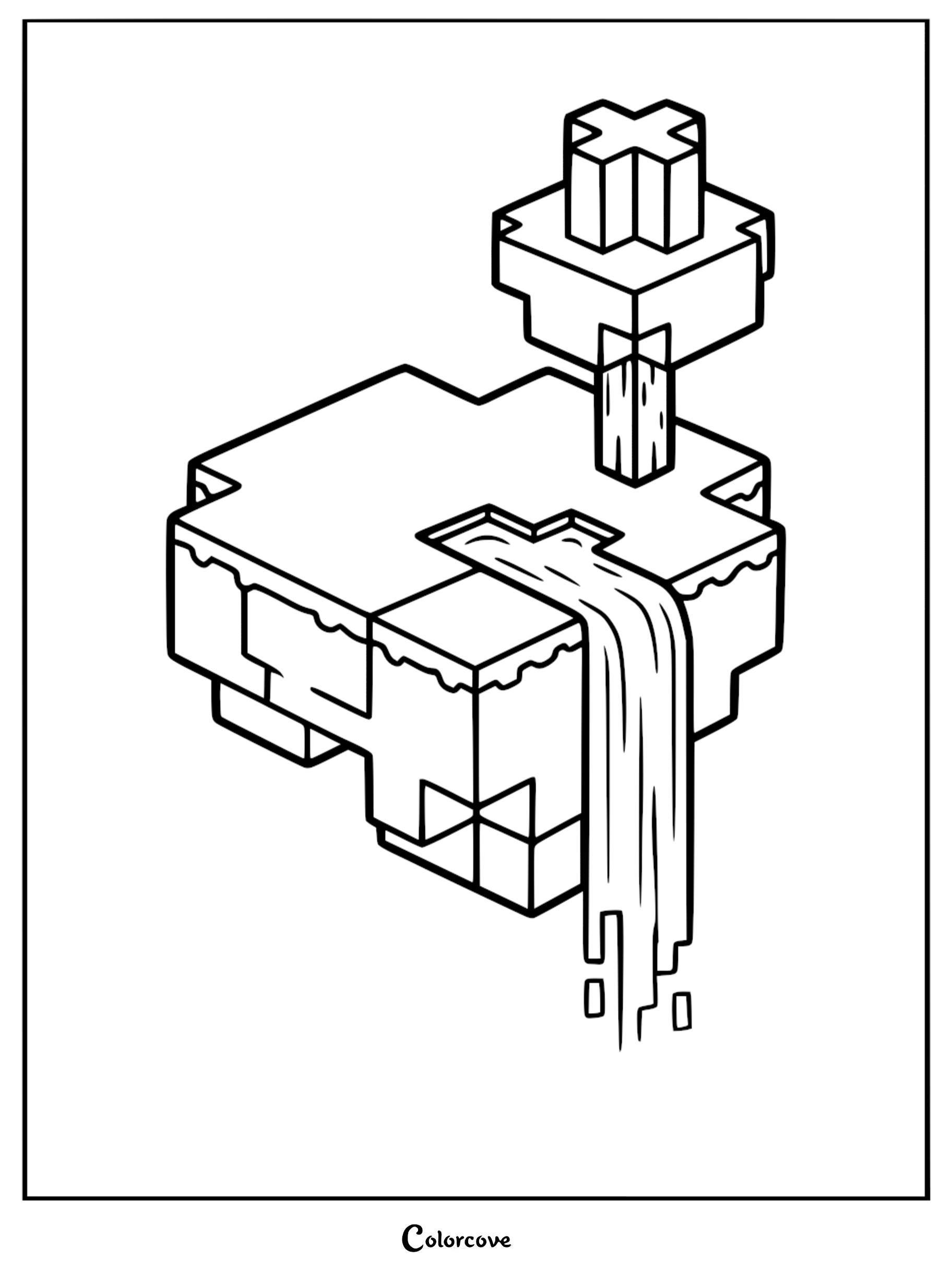 A Minecraft floating island coloring page featuring a blocky terrain, a small tree, and a waterfall cascading over the edge.