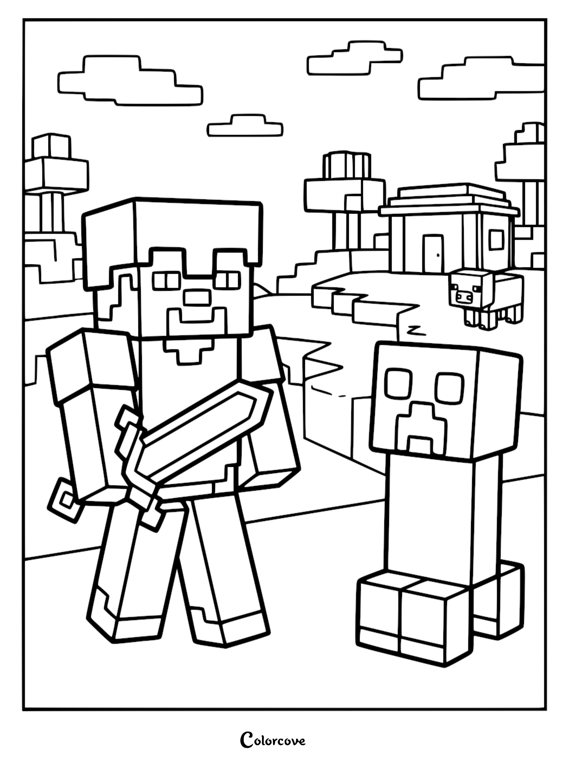 Steve holding a sword standing next to a Creeper in a blocky Minecraft landscape with a house and pig in the background, printable coloring page.