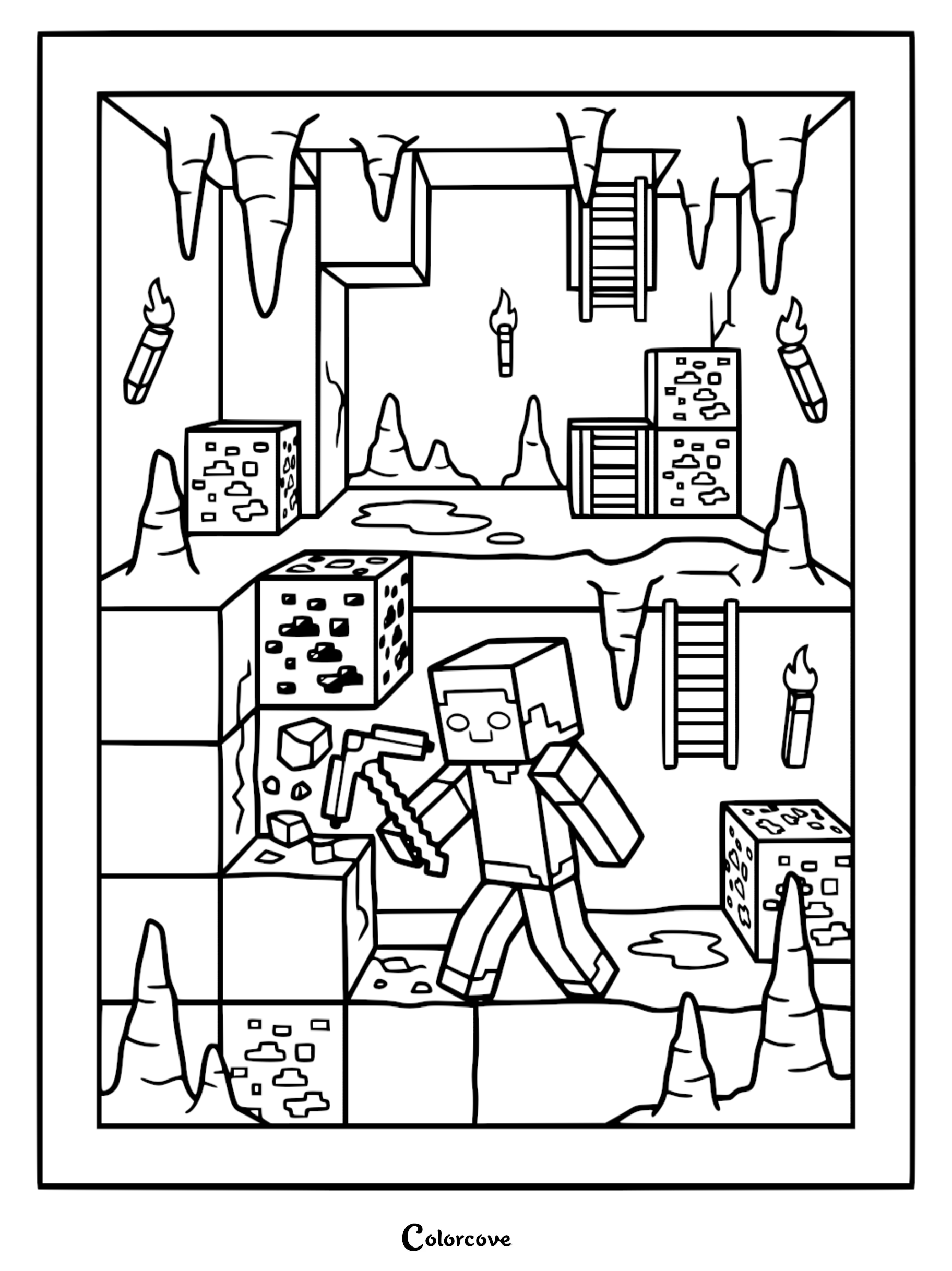 Steve from Minecraft holding a pickaxe inside a cavern with stalactites, torches, and ore blocks in this printable coloring page.