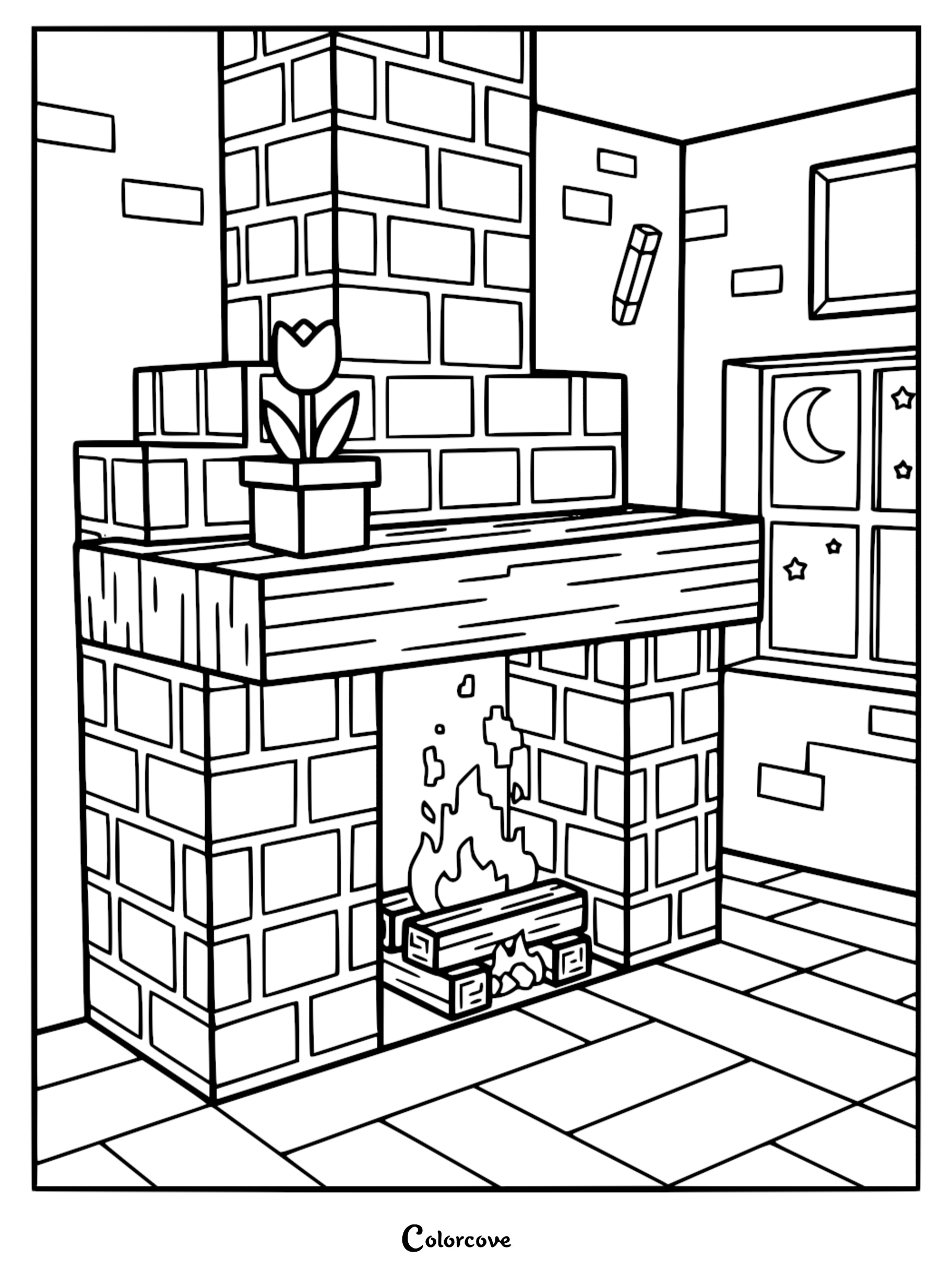 A Minecraft coloring page featuring a brick fireplace with a burning fire, a wooden mantel, a potted tulip, and a window showing a night sky with a crescent moon and stars.