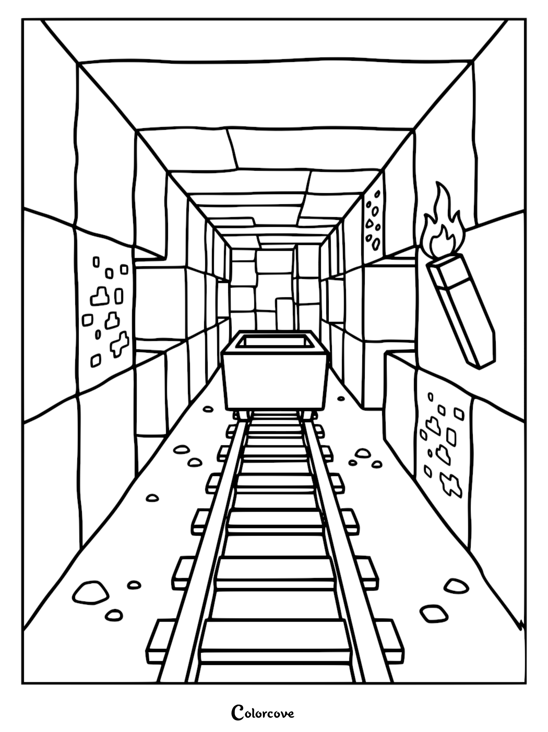 A Minecraft minecart on tracks inside a blocky stone tunnel with ore deposits and a wall-mounted torch in this printable coloring page.