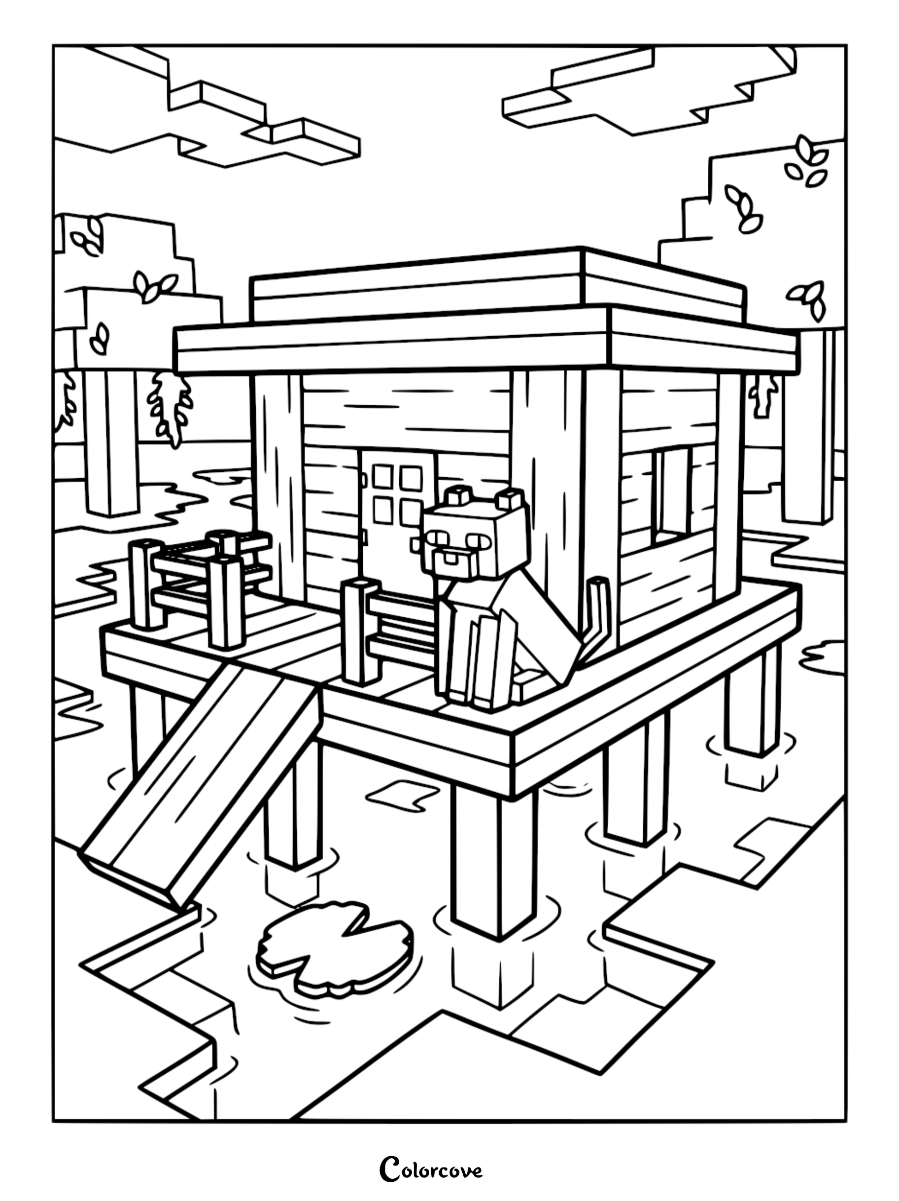 A Minecraft coloring page featuring a wooden swamp hut on stilts with an ocelot sitting on the porch, surrounded by water and trees.