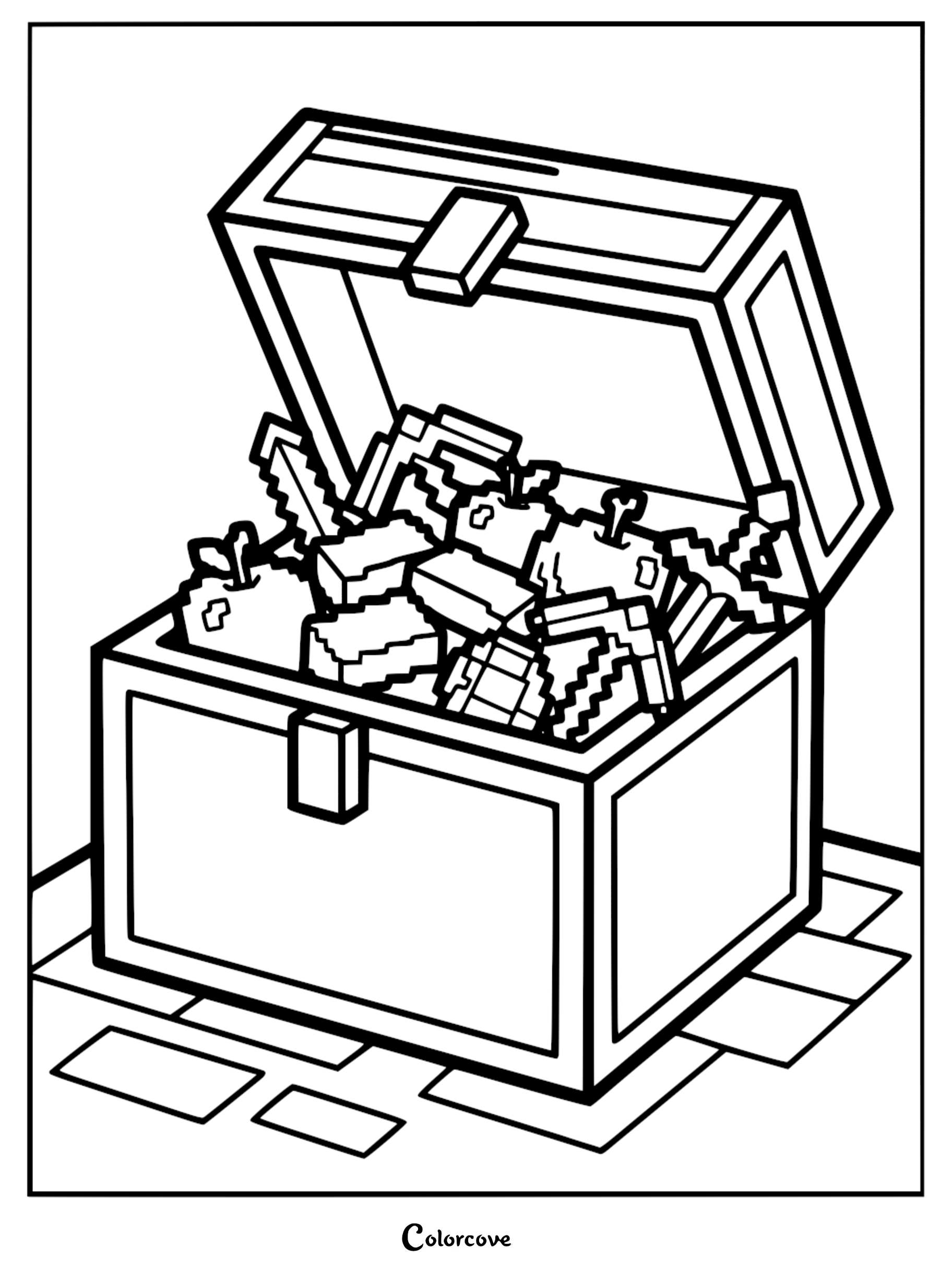 Minecraft treasure chest coloring page featuring pixelated apples, pickaxes, and blocks inside an open wooden chest.