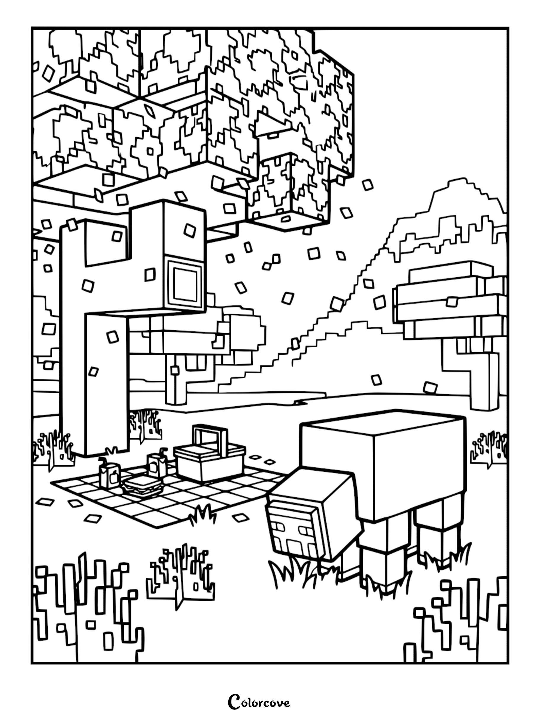 A Minecraft coloring page featuring a blocky sheep grazing near a picnic blanket with a basket under a large pixelated tree.