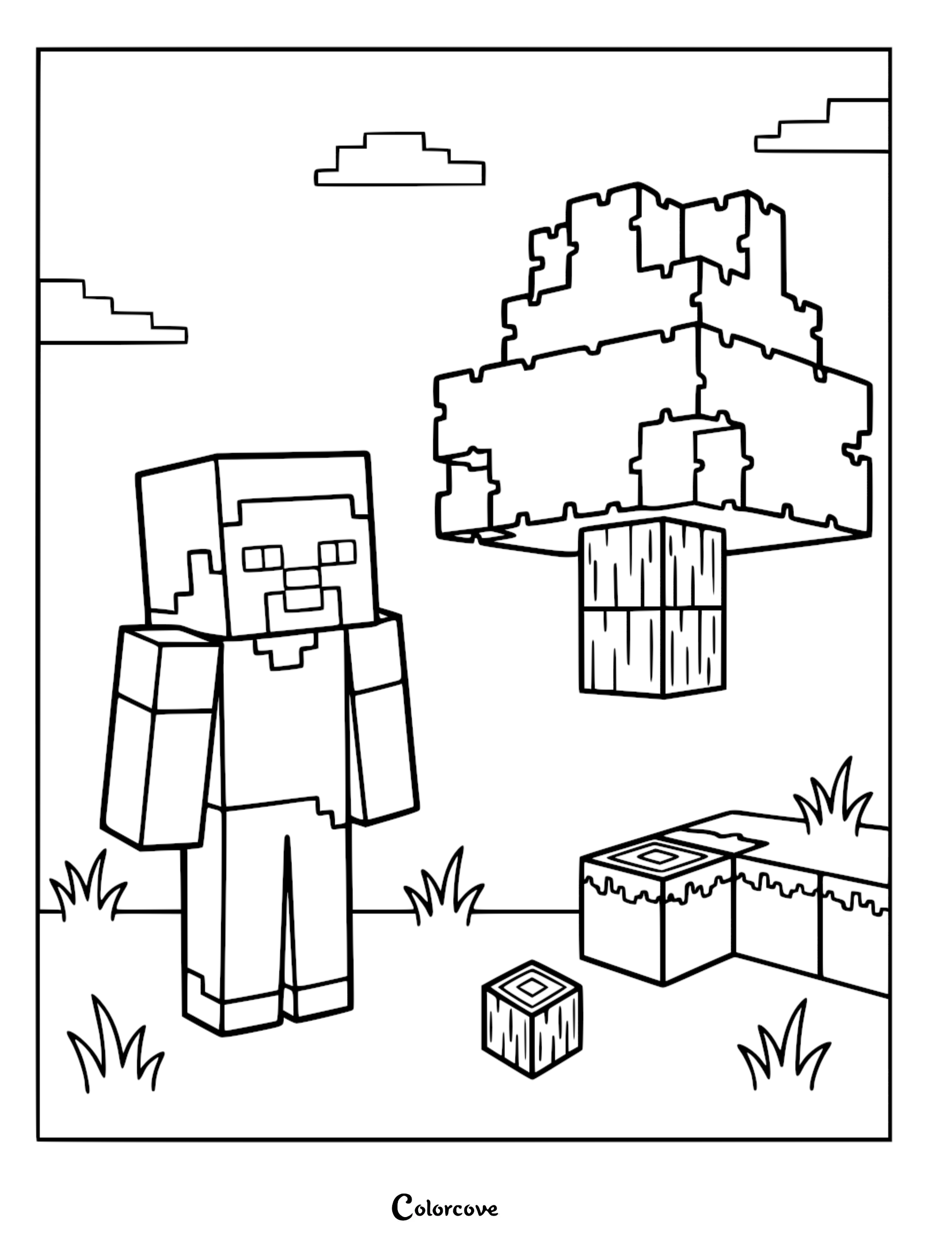 Steve standing next to a floating Minecraft tree with grass blocks and a single wood log on the ground in this printable coloring page.