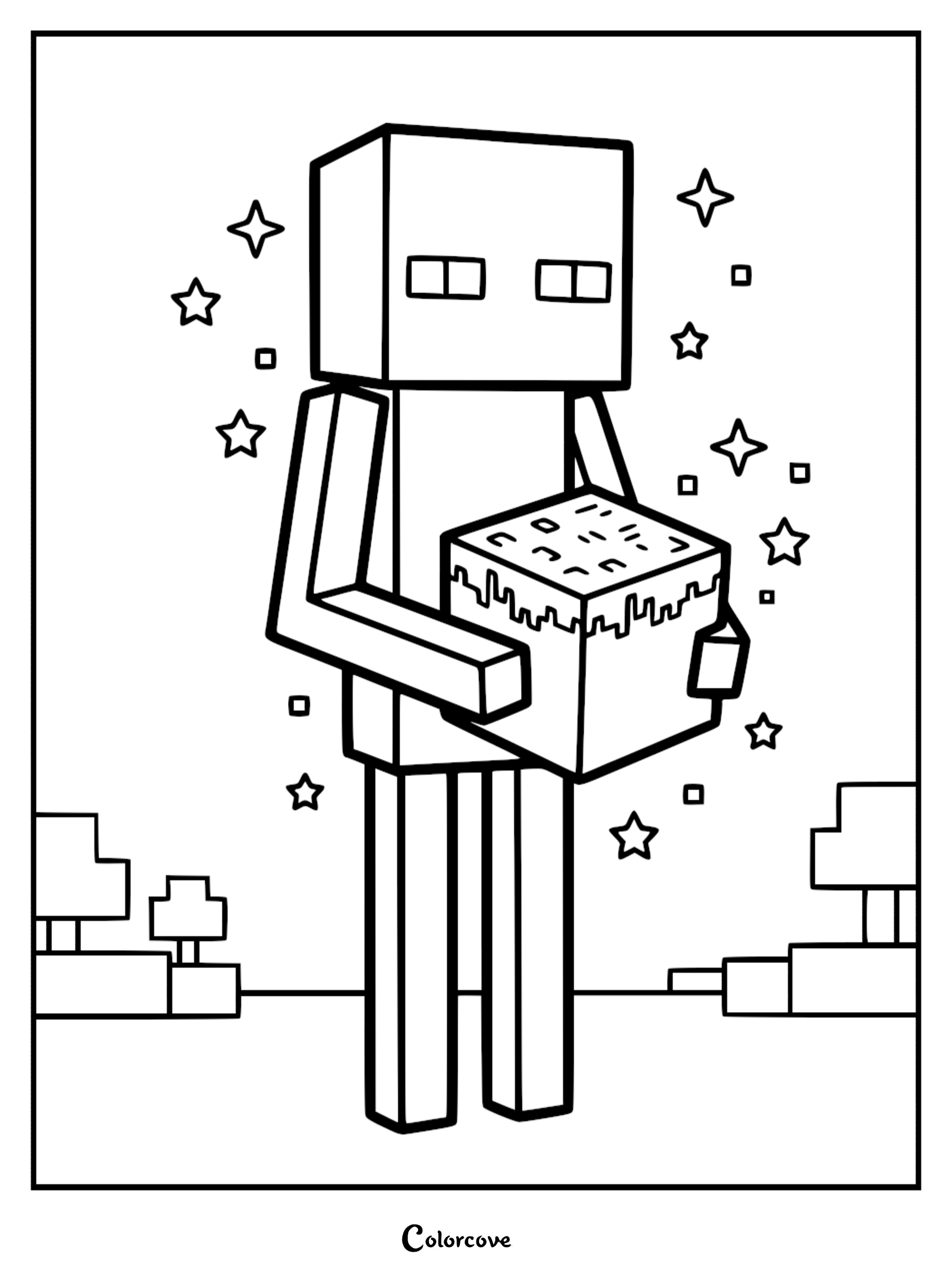 Minecraft Enderman holding a grass block surrounded by floating stars in a simple line art coloring page.