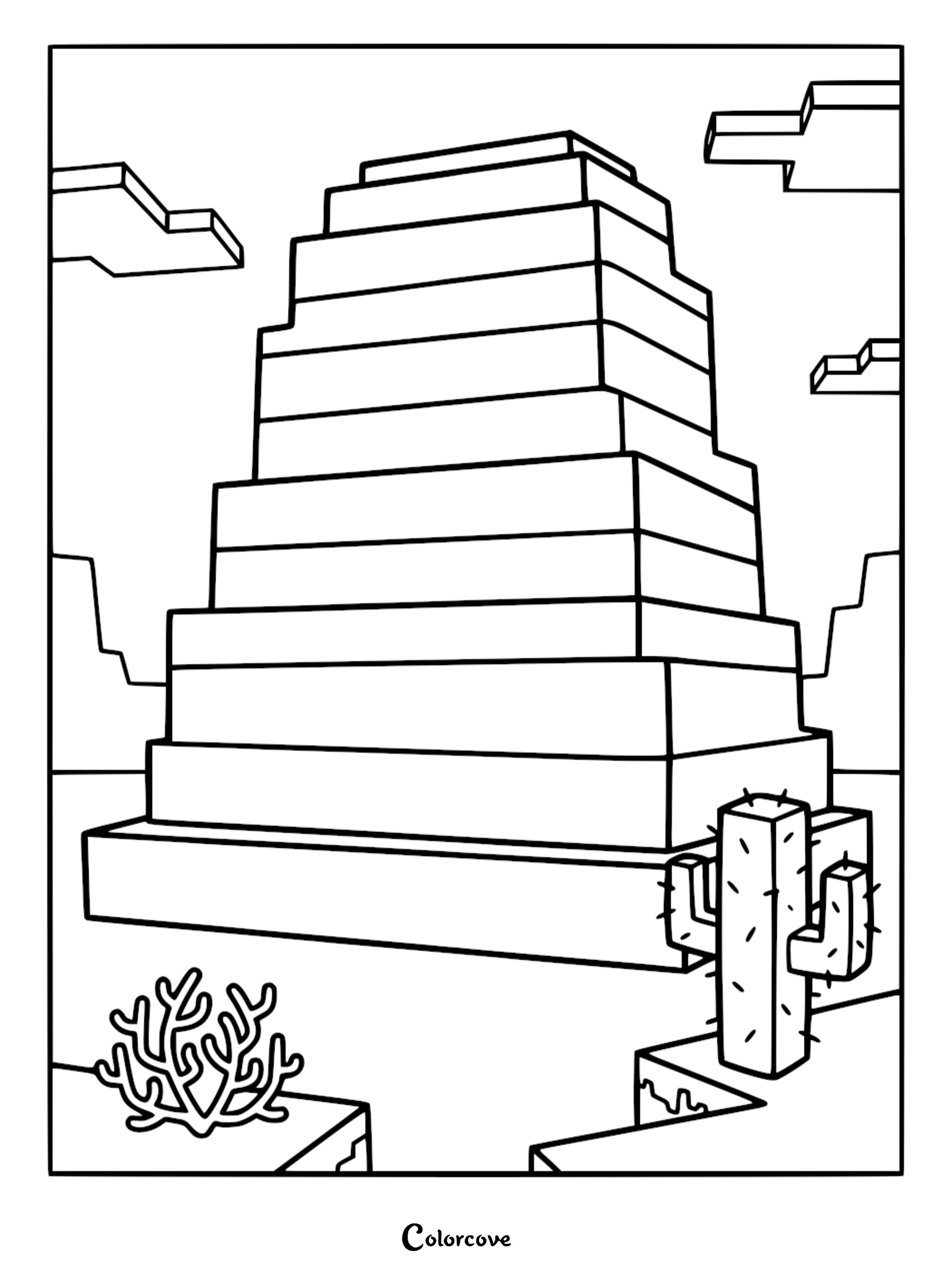 A Minecraft desert temple coloring page featuring a tiered pyramid structure, a blocky cactus, and pixelated clouds in the background.