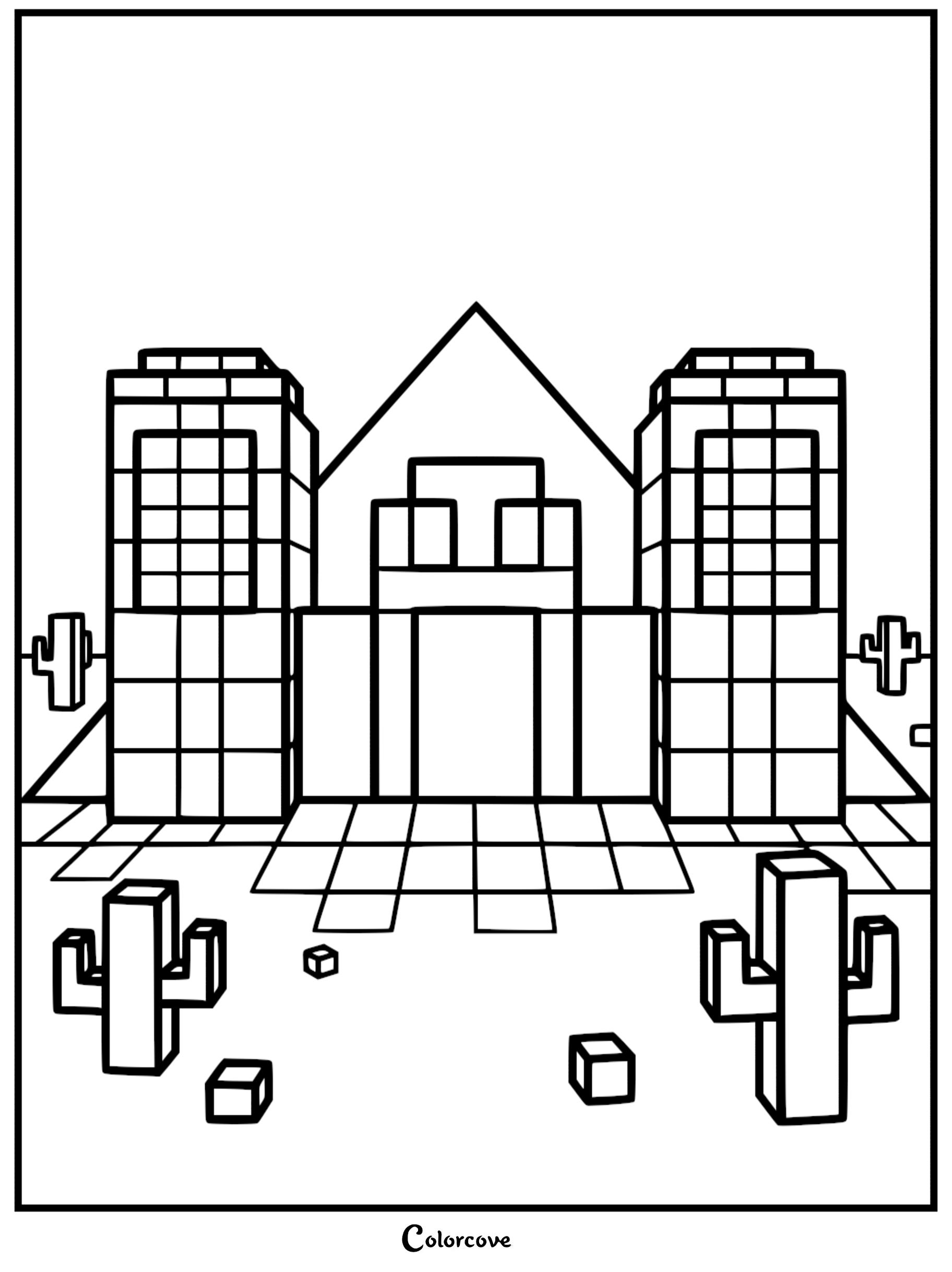 Minecraft desert temple coloring page featuring a blocky pyramid structure with two towers and cacti in the foreground.