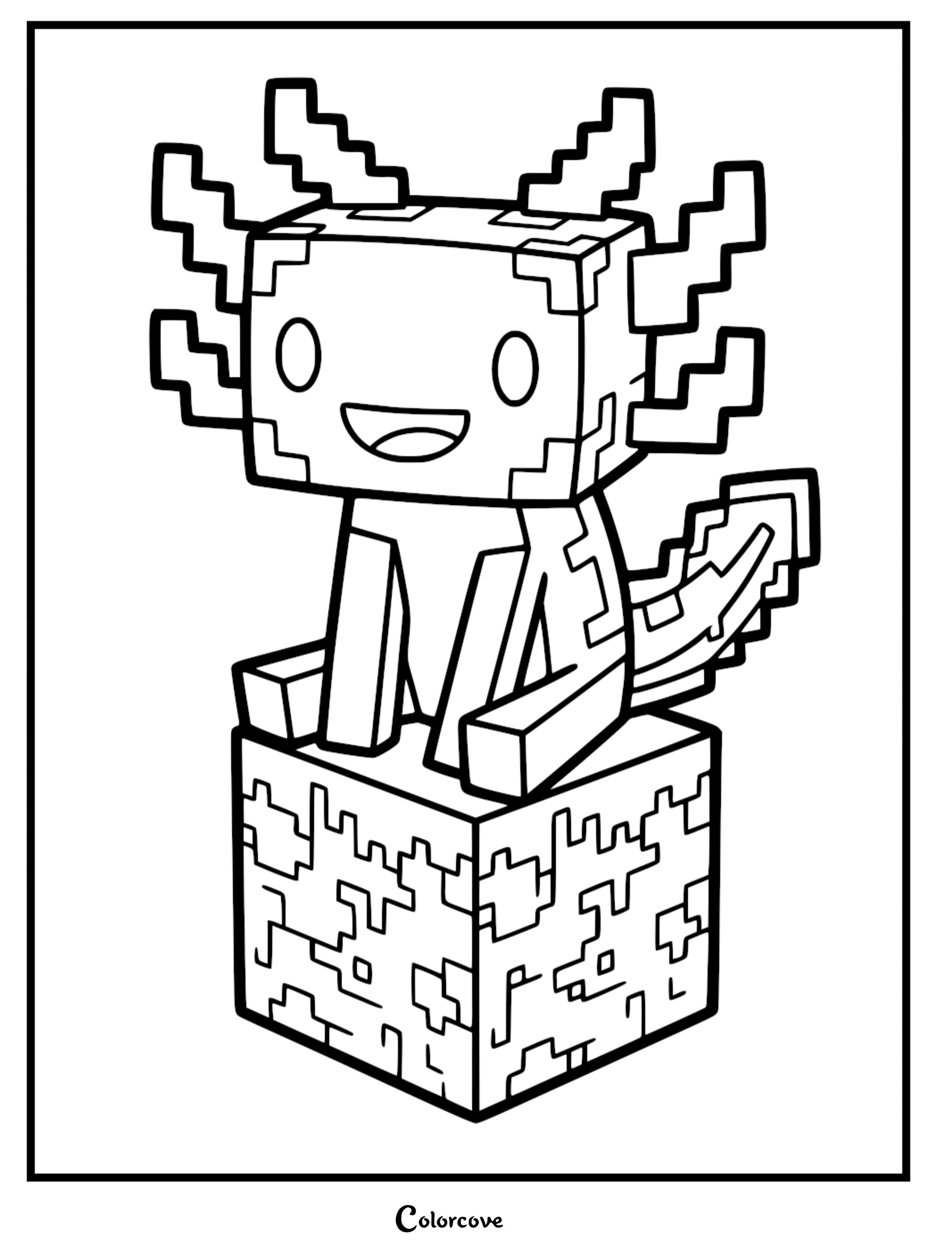 A Minecraft axolotl sitting on a textured block, printable coloring page with bold black outlines.