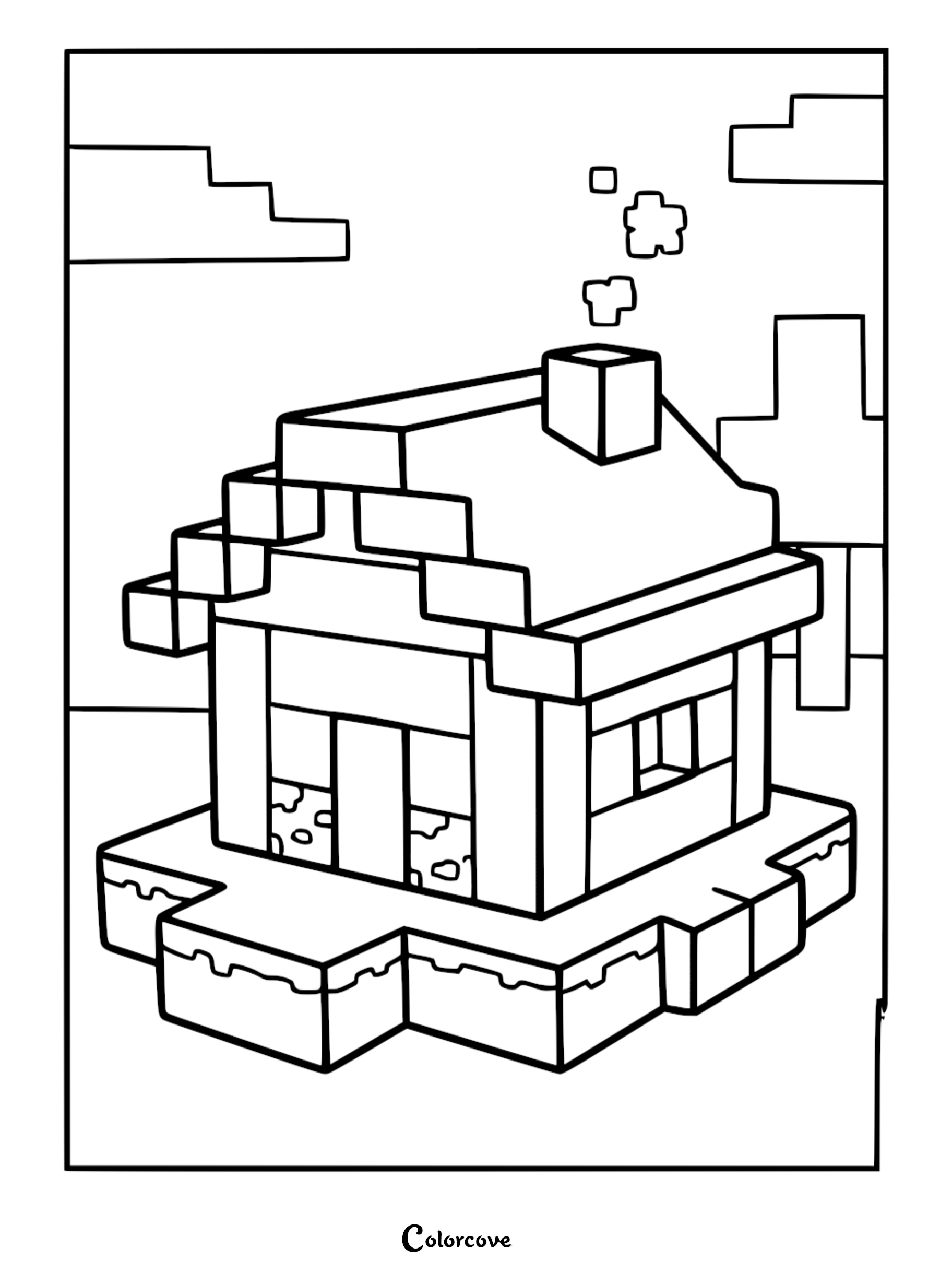 A printable Minecraft house coloring page featuring a blocky cabin with a chimney and smoke, set on a snowy landscape with pixelated trees.
