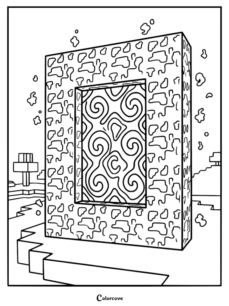 A Minecraft Nether Portal coloring page featuring a rectangular obsidian frame with swirling portal energy and floating particles in a blocky landscape.