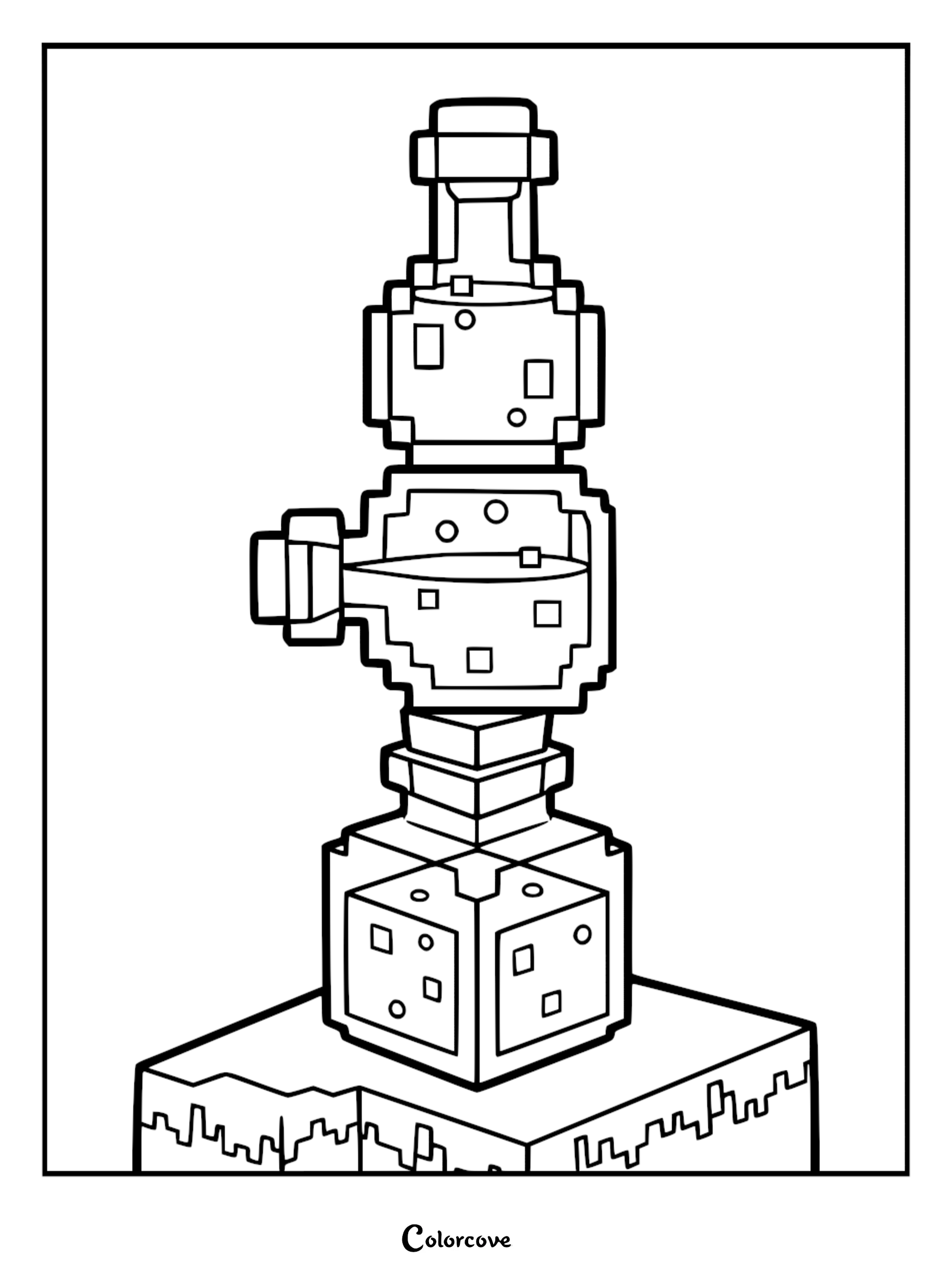 A Minecraft brewing stand with glass potion bottles resting on a stone block, detailed line art coloring page.