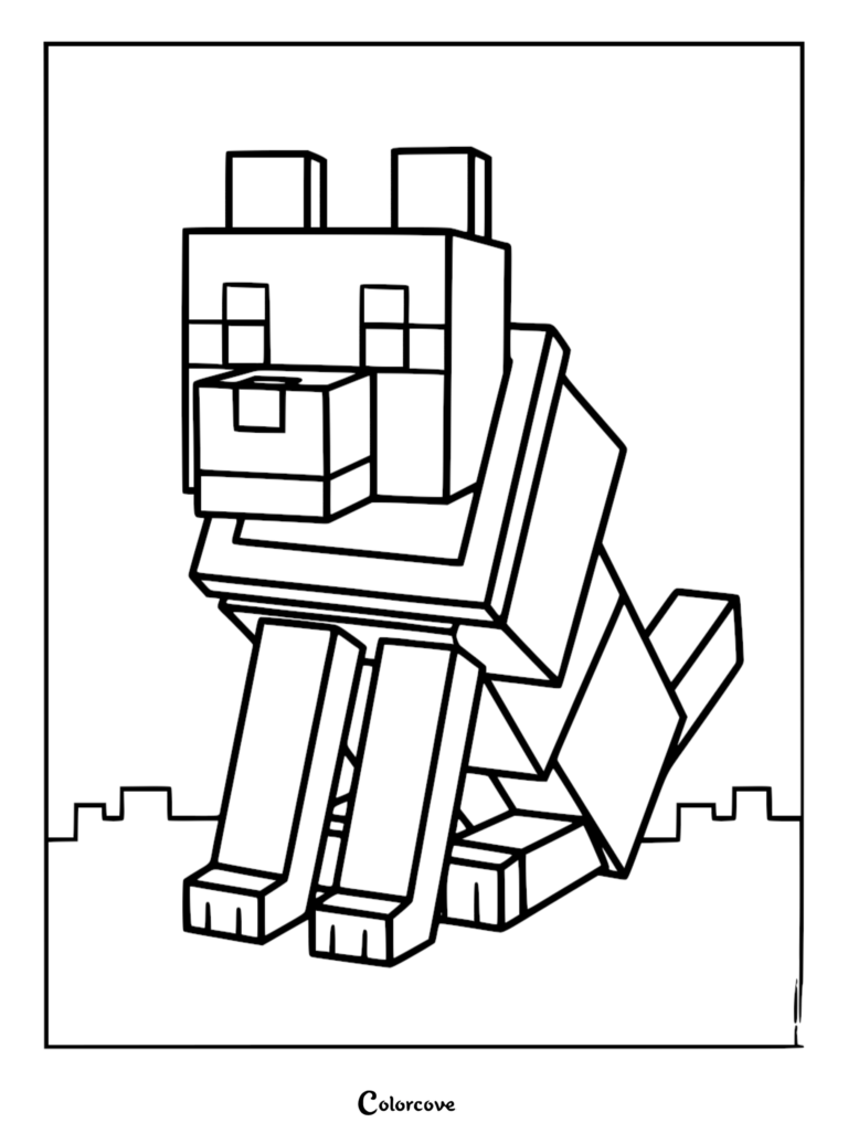 A simple Minecraft wolf coloring page featuring the blocky, pixelated canine sitting on a flat ground surface.